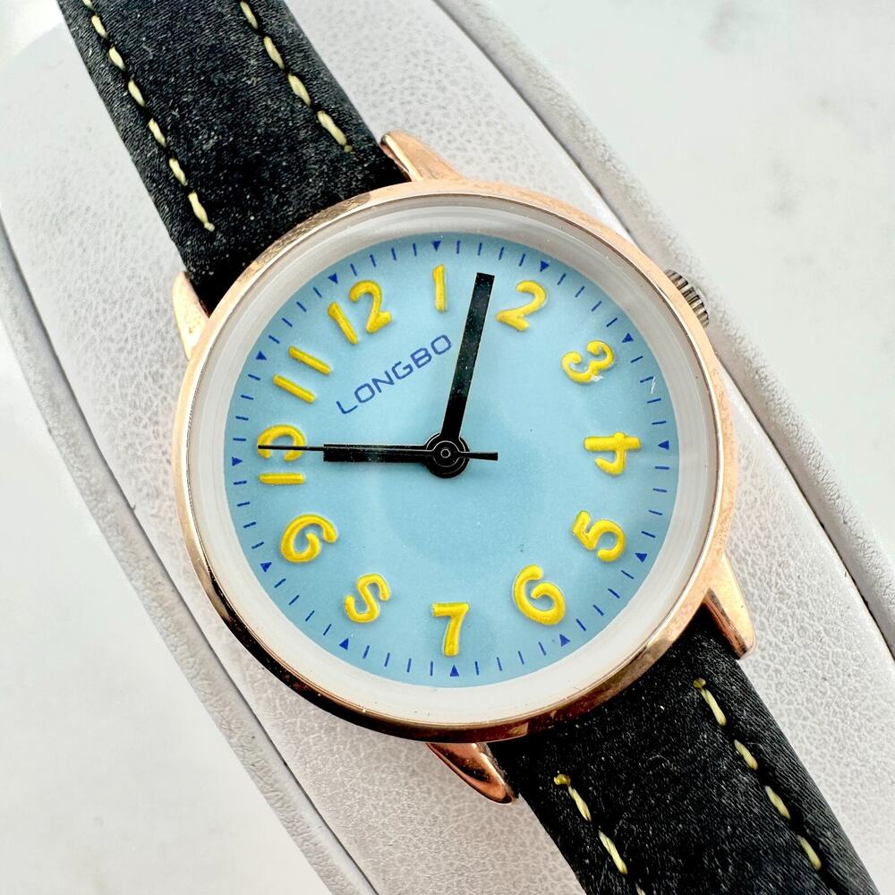 Longbo Ladies Leather Band 27mm Watch. Blue/Yellow Dial New Battery. 7058L
